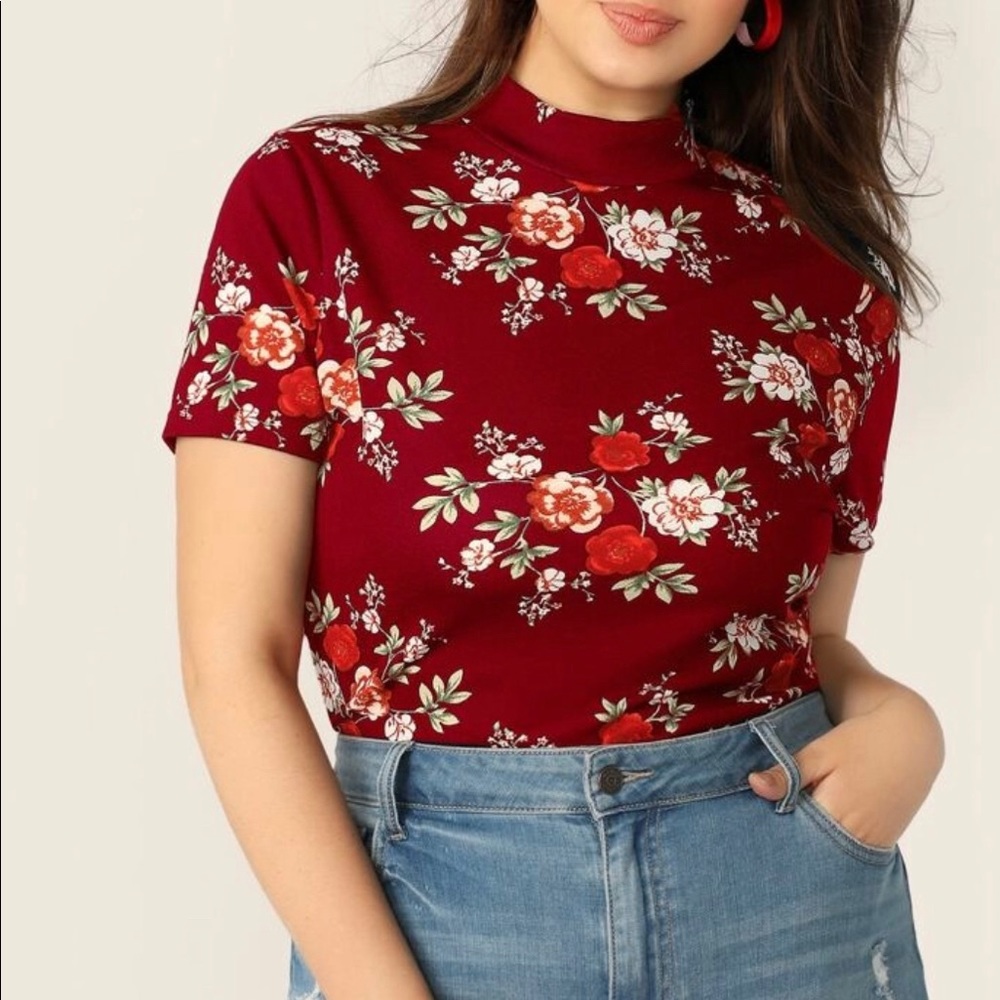Floral print mock neck red shirt sleeve shirt